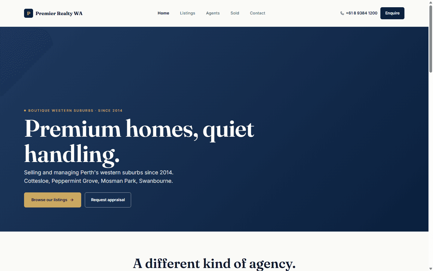 Agency homepage template · listings grid + enquiry form